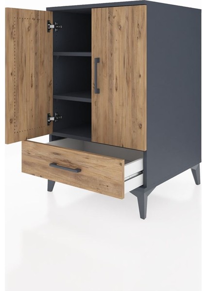 Kronos Komodin 3 Raflı Tek Çekmeceli 2 Kapaklı 60X59X96 Antrasit-Çam fırsatları