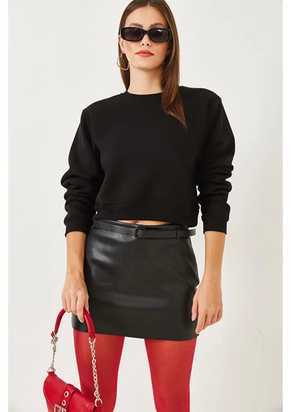 Kadın Bisiklet Yaka 3 Ip Şardonlu Basic Crop Sweatshirt