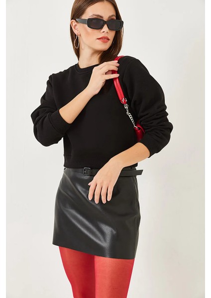 Kadın Bisiklet Yaka 3 Ip Şardonlu Basic Crop Sweatshirt fırsatları