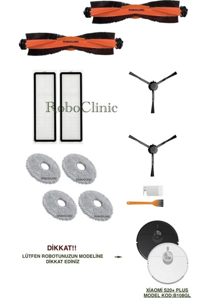 Xiaomi Robot Vacuum S20+ / S20 Plus (B108GL) Robot Süpürge Uyumlu Yedek Fırça, Hepa Filtre, Mop - 12 Parça