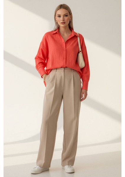 Kadın Mercan Classic Regular Fit Düğmeli Uzun Kollu Dokuma Rahat Kesim Bluz, Kadın Gömlek Bluz modelleri