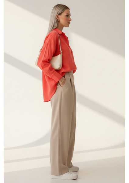 Kadın Mercan Classic Regular Fit Düğmeli Uzun Kollu Dokuma Rahat Kesim Bluz, Kadın Gömlek Bluz fırsatları