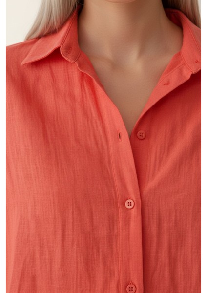 Kadın Mercan Classic Regular Fit Düğmeli Uzun Kollu Dokuma Rahat Kesim Bluz, Kadın Gömlek Bluz indirimleri