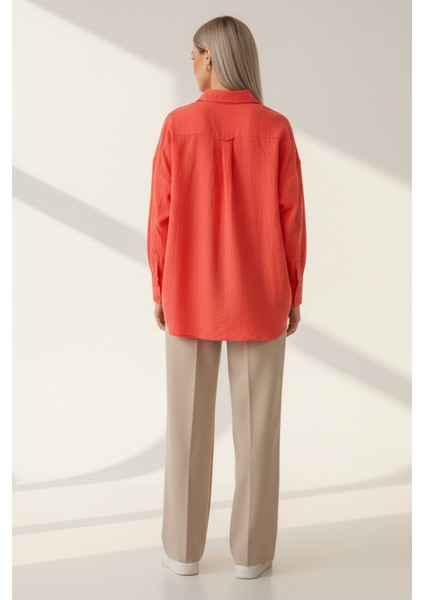 Kadın Mercan Classic Regular Fit Düğmeli Uzun Kollu Dokuma Rahat Kesim Bluz, Kadın Gömlek Bluz
