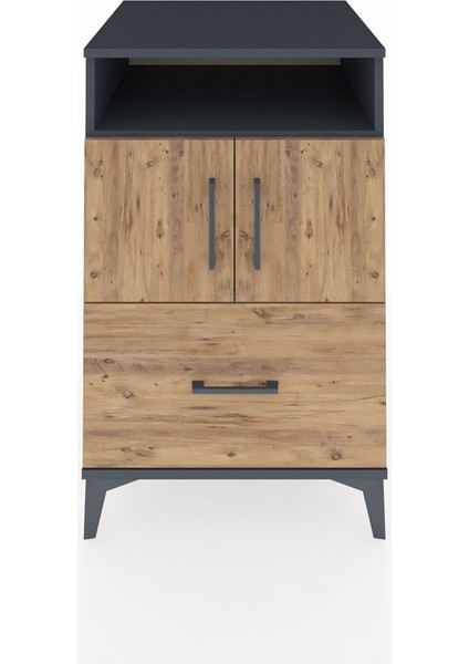 Kronos Komodin 2 Raflı Tek Çekmeceli 2 Kapaklı 60X59X96 Antrasit-Çam