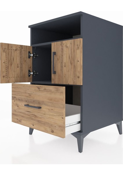 Kronos Komodin 2 Raflı Tek Çekmeceli 2 Kapaklı 60X59X96 Antrasit-Çam indirimleri