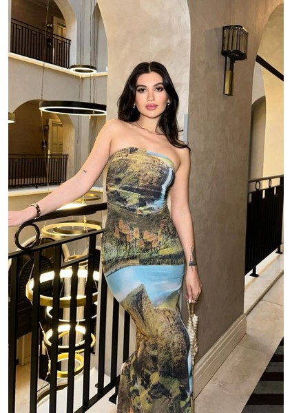 Kadın Multi Desenli Polyester Straplez Uzun Elbise indirimleri