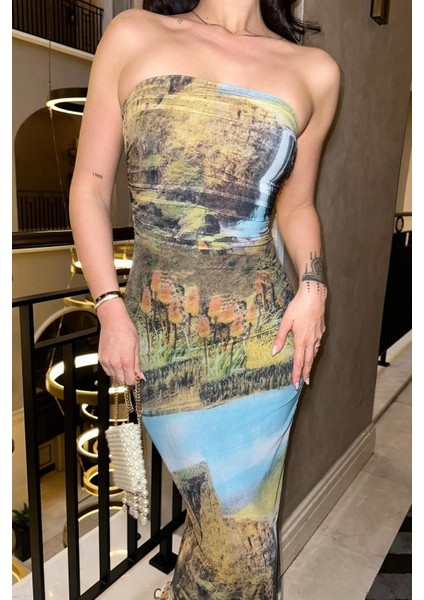 Kadın Multi Desenli Polyester Straplez Uzun Elbise