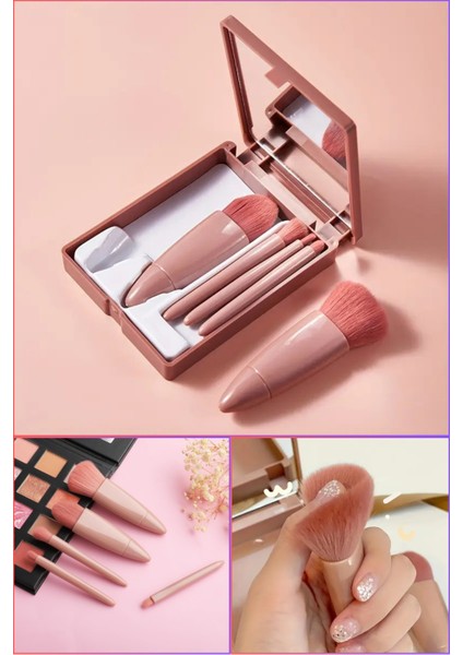 Aynalı 5'li Makyaj Fırça Seti | Taşınabilir Göz Farı, Fondöten, Allık Karıştırma Dudak Kaş Kapatıcı