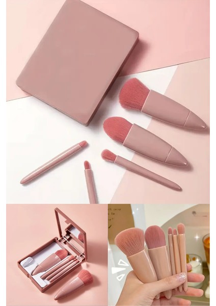 Aynalı 5'li Makyaj Fırça Seti | Taşınabilir Göz Farı, Fondöten, Allık Karıştırma Dudak Kaş Kapatıcı modelleri