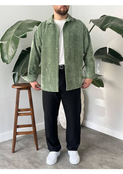 Bayaygün 5103 Oversize Kadife Gomlek _yeşil