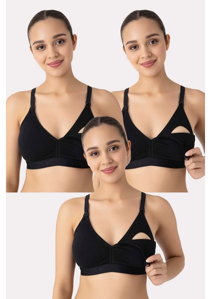 Çıkarılabilir Pedli Emzirme Sütyeni 3'lü Set Siyah Pamuklu Göğüs Ucu Belli Etmez