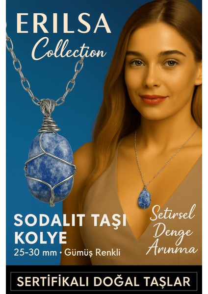 Sertifikalı Gümüş Tel Sargılı Doğal Sodalit Taşı Kolye – 25-30 mm Zihin ve Denge Taşı