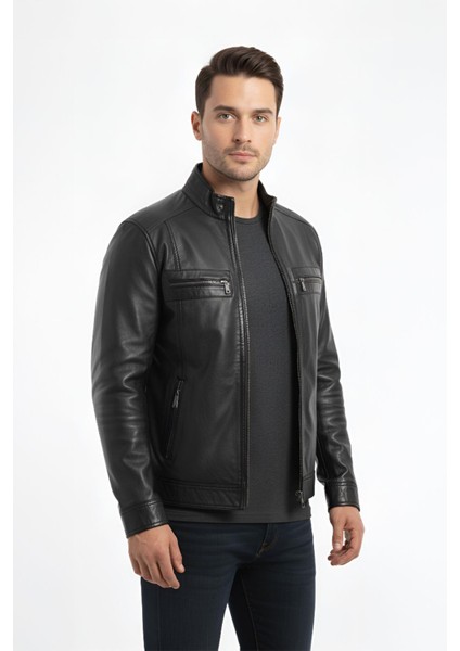 Erkek Hakiki Deri Siyah Mont
