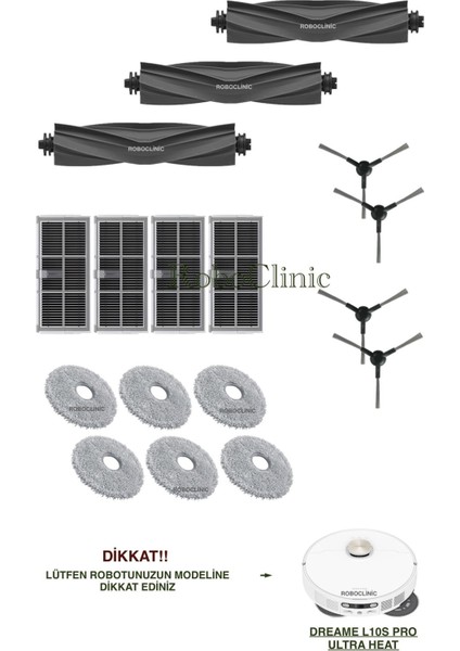 Dreame L10S Pro Ultra Heat Yedek Ana Fırça, Yan Fırça, Hepa Filtre, Mop - 17 Parça