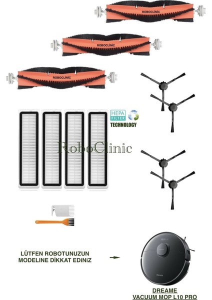 Dreame Vacuum Mop L10 Pro Siyah Yedek Ana Fırça, Yan Fırça, Hepa Filtre - 13 Parça
