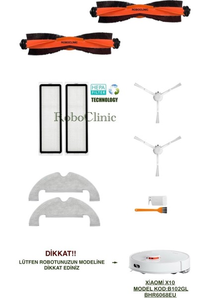 Xiaomi Robot Vacuum X10 Yedek Ana Fırça, Yan Fırça, Hepa Filtre, Mop - 10 Parça
