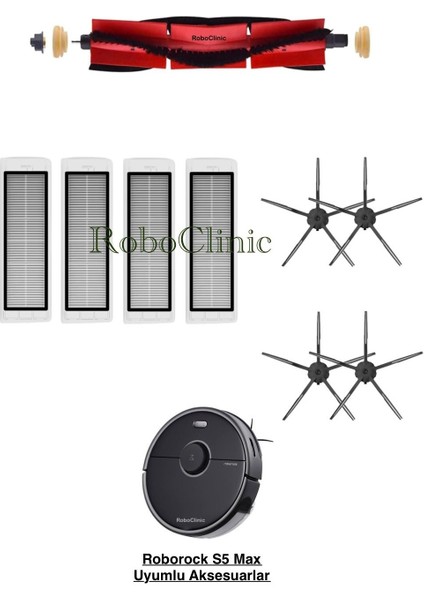 Roborock S5 Max Siyah Yedek Ana Fırça, Yan Fırça, Hepa Filtre - 9 Parça