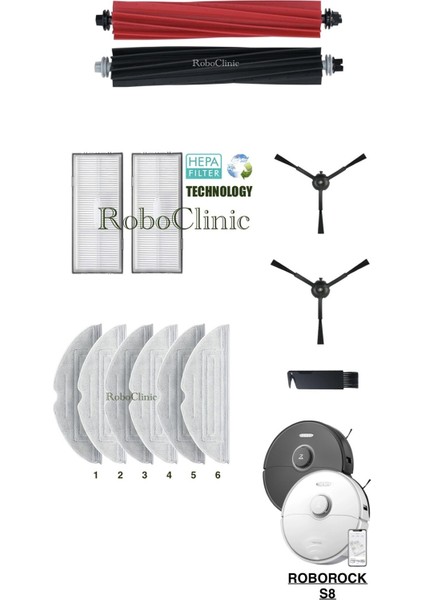 Roborock S8 Yedek Ana Fırça, Yan Fırça, Hepa Filtre, Mop - 13 Parça