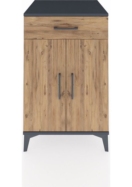 Kronos Komodin 2 Raflı Tek Çekmeceli 2 Kapaklı 60X59X96 Antrasit-Çam