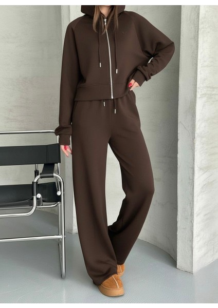 Önü Fermuarlı Kapüşonlu Kahverengi Crop Eşofman Takımı fiyatları