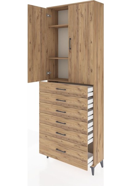 Arges Dolap 3 Raflı 6 Çekmeceli 2 Kapaklı 88X30X243 Çam-Çam fırsatları