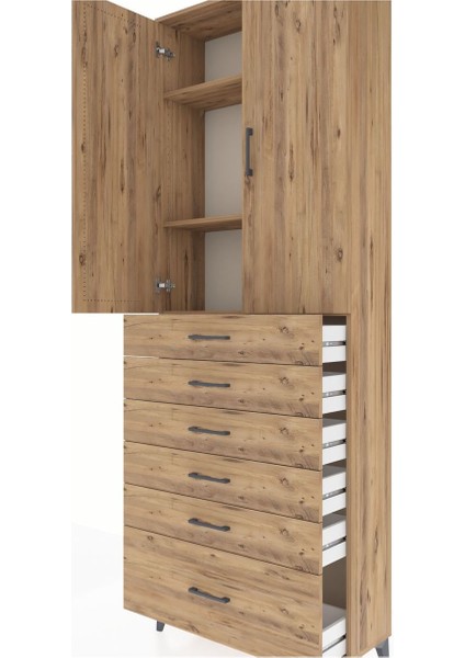 Arges Dolap 3 Raflı 6 Çekmeceli 2 Kapaklı 88X30X243 Çam-Çam indirimleri
