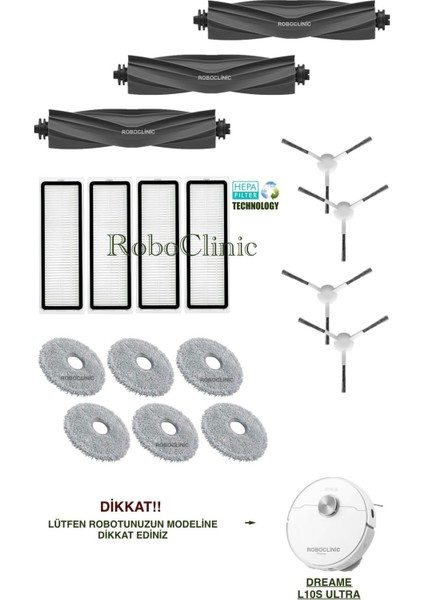 Dreame Bot L10S Ultra Yedek Ana Fırça, Yan Fırça, Hepa Filtre, Mop - 17 Parça