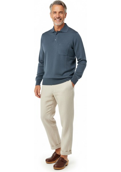 Erkek Kazak Premium Yün Tarzı Klasik Polo Yaka Düğmeli Cepli Rahat Tam Kalıp