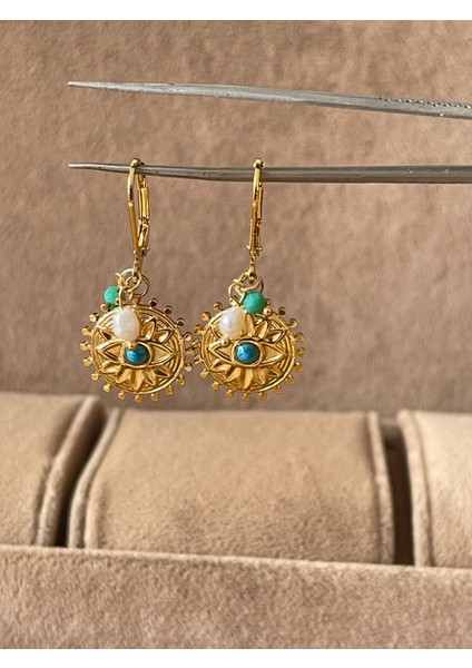 316 L Cerrahi Çelik Etnik Model Doğal Taşlı Çelik Küpe