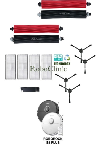 Roborock S8 Plus Yedek Ana Fırça, Yan Fırça, Hepa Filtre, Mop - 13 Parça