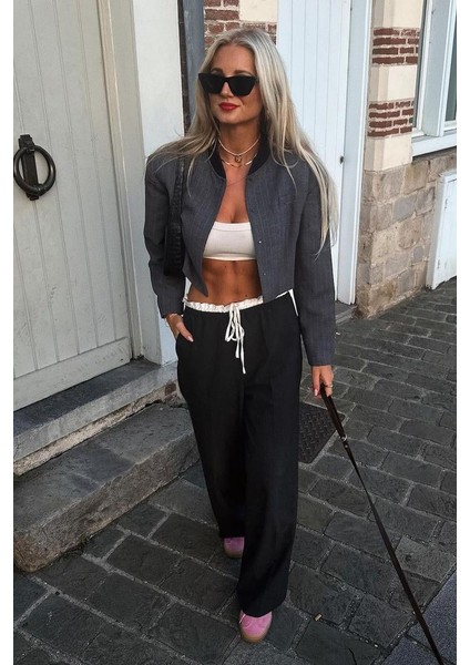 Siyah Çift Bel Bantlı Wide Leg Kadın Pantolon MG2551