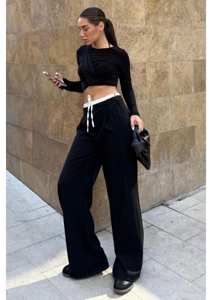 Siyah Çift Bel Bantlı Wide Leg Kadın Pantolon MG2551 modelleri