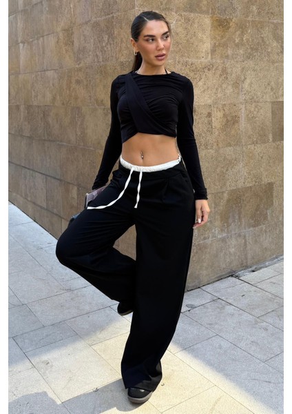 Siyah Çift Bel Bantlı Wide Leg Kadın Pantolon MG2551 fırsatları