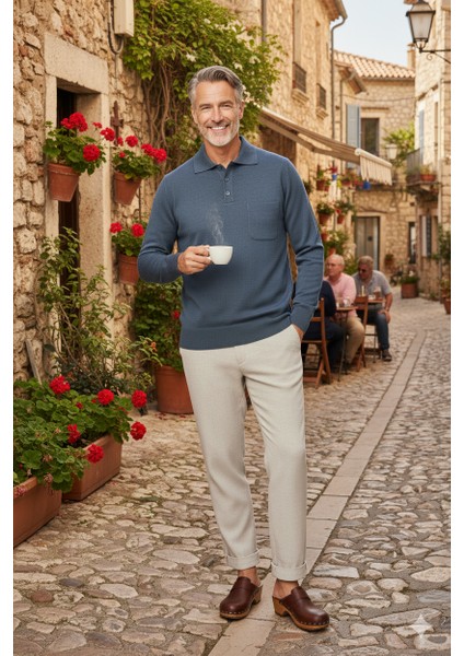 Erkek Kazak Premium Yün Tarzı Klasik Polo Yaka Düğmeli Cepli Rahat Tam Kalıp fırsatları