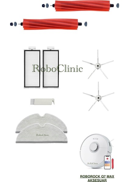 Roborock Q7 Max Beyaz Yedek Ana Fırça, Yan Fırça, Hepa Filtre, Mop - 9 Parça