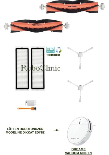 Dreame Vacuum Mop F9 Yedek Ana Fırça, Yan Fırça, Hepa Filtre - 8 Parça