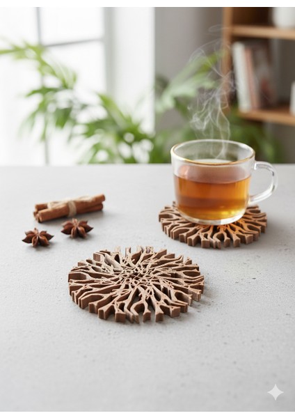 4'lü Ahşap Görünümlü Çay Bardağı Altlığı Seti (Wood Pla), Lazer Kesim Dekoratif Bardak Altlığı, Isıya Dayanıklı Mutfak ve Masa Aksesuarı modelleri