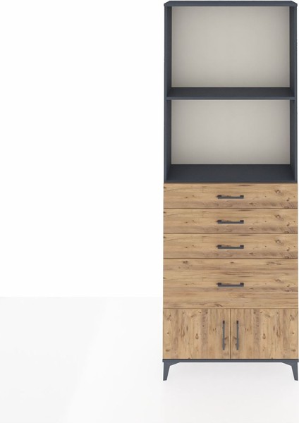 Arges Dolap 2 Raflı 4 Çekmeceli 2 Kapaklı 88X30X243 Antrasit-Çam