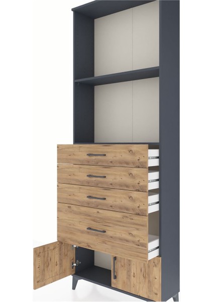 Arges Dolap 2 Raflı 4 Çekmeceli 2 Kapaklı 88X30X243 Antrasit-Çam indirimleri