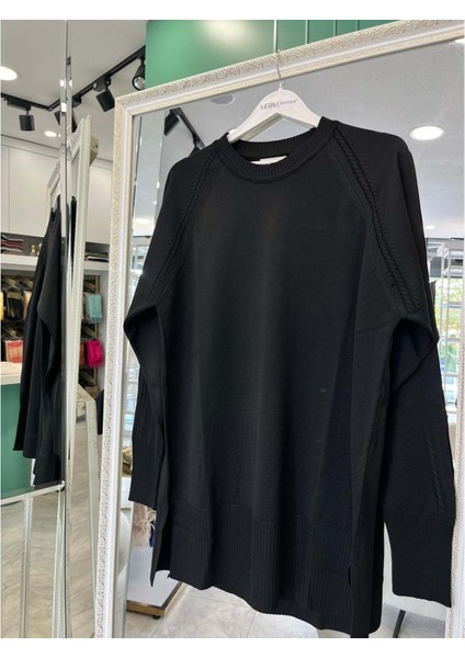 Adn Ince Triko Tunik Saç Örgülü - Siyah - 1