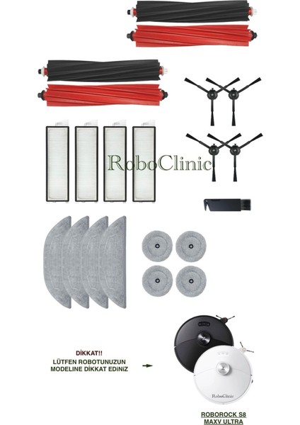 Roborock S8 Maxv Ultra Yedek Ana Fırça, Yan Fırça, Hepa Filtre, Mop, Yan Pad - 21 Parça