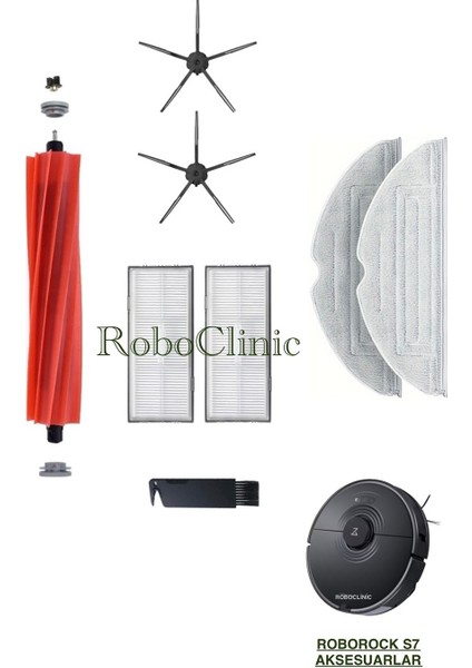 Roborock S7 Siyah Yedek Ana Fırça, Yan Fırça, Hepa Filtre, Mop - 8 Parça