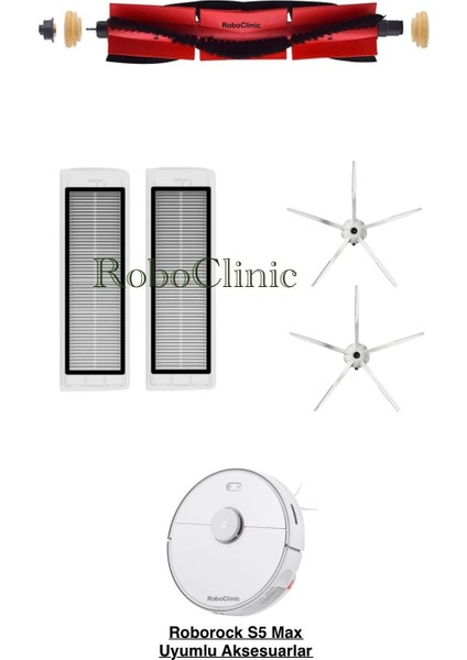 Roborock S5 Max Beyaz Yedek Ana Fırça, Yan Fırça, Hepa Filtre - 5 Parça