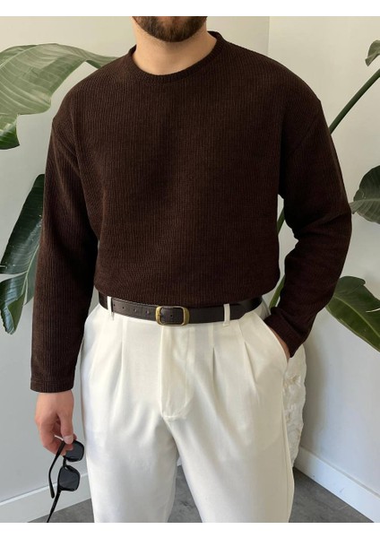 Bayaygun 5114 Oversize Bisiklet Yaka Şonil Triko Kazak_kahve fiyatları