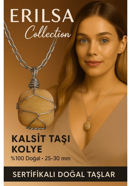 Sertifikalı Gümüş Tel Sargılı Doğal Kalsit Taşı Kolye – 25-30 mm Enerji ve Canlılık Taşı