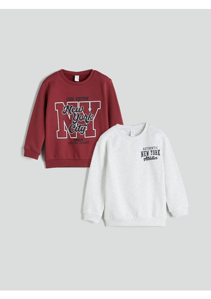 Yeni Sezon Bisiklet Yaka Baskılı Erkek Çocuk Sweatshirt 2'li