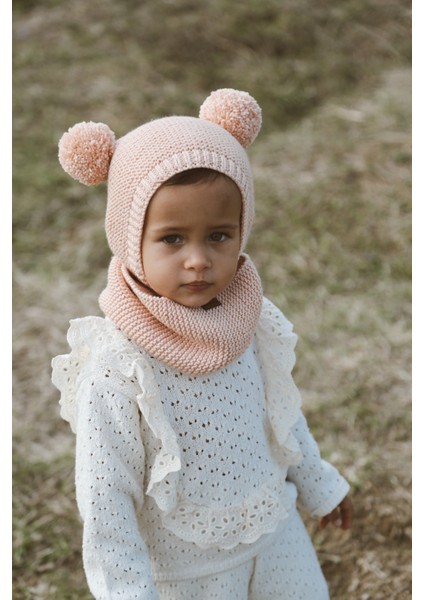 Ponponlu Unisex El Örgüsü Bebek/çocuk Bere-Boyunluk Takımı