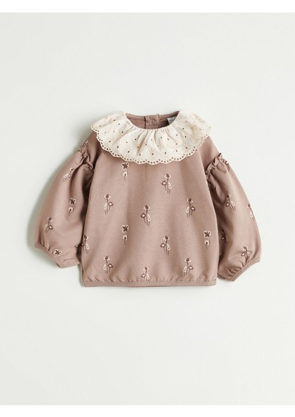 Yeni Sezon Bisiklet Yaka Çiçekli Kız Bebek Sweatshirt