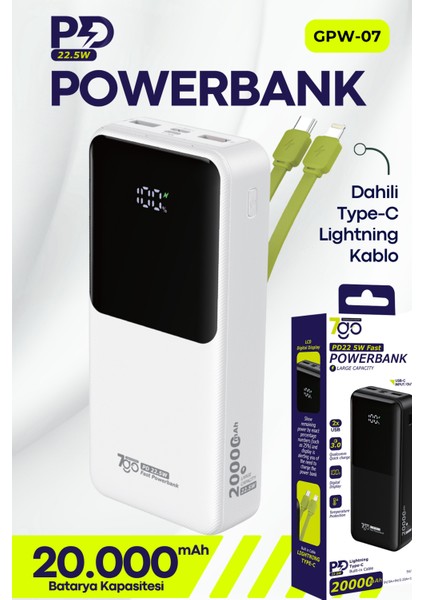 Gpw-07 20000MAH PD22.5W Hızlı Şarj Powerbank Beyaz | Dahili Type-C & Lightning Kablo | Dijital Ekranlı Taşınabilir Şarj Cihazı